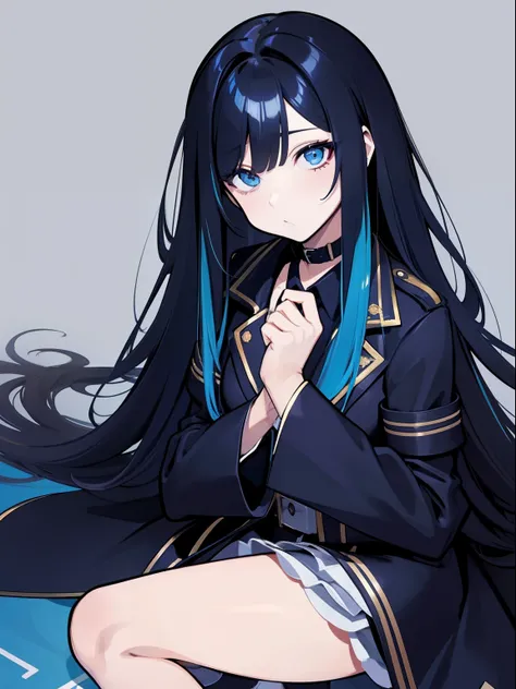 Handsome woman，cabelos preto e longos，Long straight hair，Qi bangs，blue color eyes，celebrating a birthday，Trench coat，Wide sleeves，orthofacial，A half body