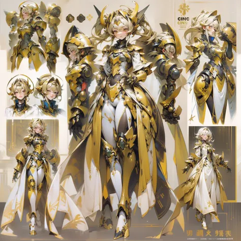 ((Masterpiece, Highest quality)), Detailed face, CharacterDesignSheet， full bodyesbian, Full of details, Multiple poses and expressions, Highly detailed, Depth, Many parts，beuaty girl，cinmatic lighting，with light glowing，Armour，mechs，golden robes，golden co...