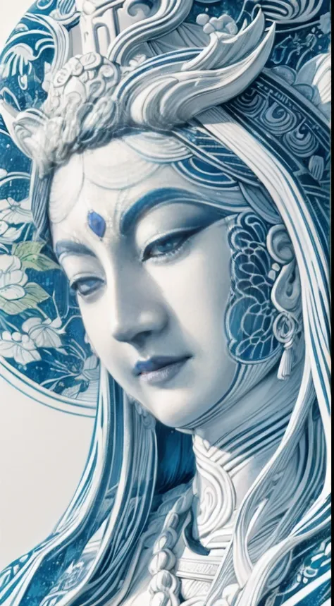 Blue and white porcelain statue of Guanyin,anatomy correct，Delicate pattern，Oriental elements，Ink painting style, Clean colors,White background, Soft lighting, ( Bokeh)，Masterpiece, Super detailed, Epic composition, Highest quality, 4K，