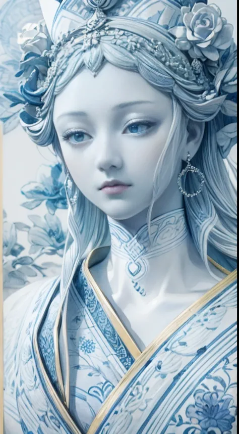 Blue and white porcelain maiden statue,anatomy correct，Delicate pattern，Oriental elements，Ink painting style, Clean colors,White background, Soft lighting, ( Bokeh)，Masterpiece, Super detailed, Epic composition, Highest quality, 4K，