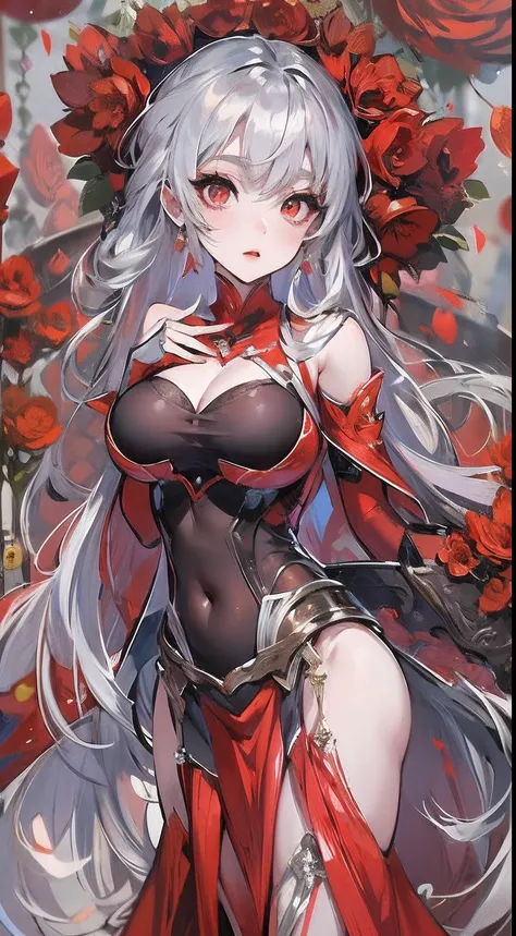 anime big breast，best qualtiy，Elaborate Eyes，Silver hair，Red eyes，terroral，Red wedding dress，big breasts enchanting，s the perfect face，perfect body figure