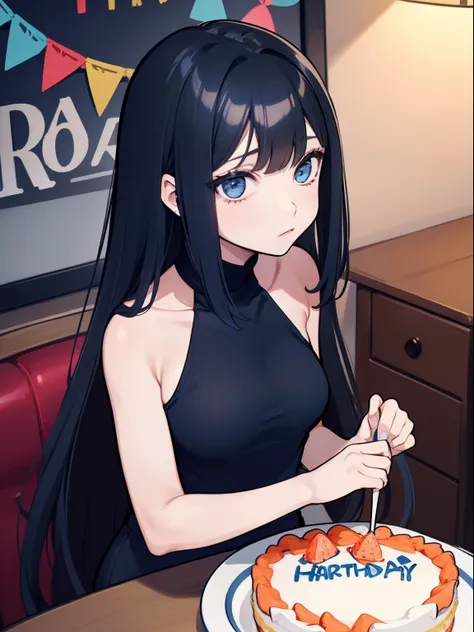 Handsome woman，cabelos preto e longos，Long straight hair，Qi bangs，blue color eyes，celebrating a birthday，The birthday cake，Long jacket，sleeveless tops，Shoulders exposed，orthofacial，A half body