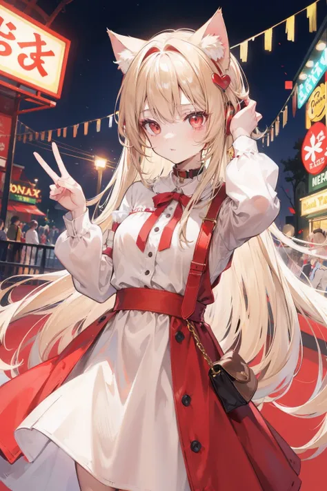 Long beige hair，red color eyes，Cat ear headband，Casual dress，An amusement park