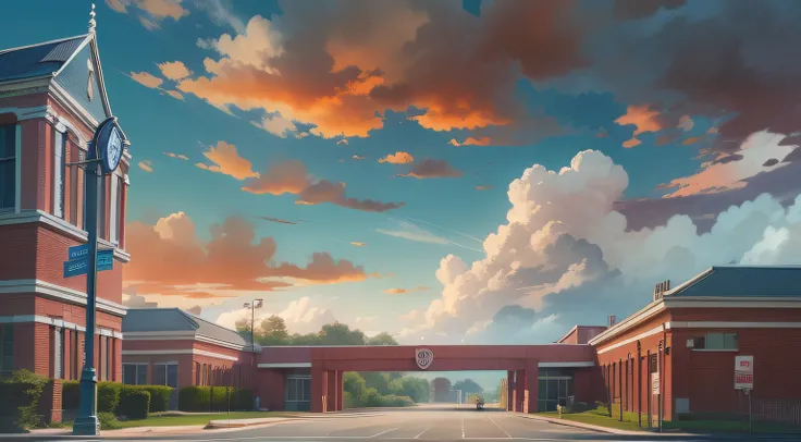 The sky is blue and white clouds，Walk through the school gates, You can see the tall crimson school building，A huge display hangs to the right of the school entrance，The overall tone is not bright