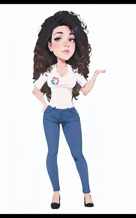 Mulher, estilo dos desenhos animados, cabelo cacheado. blue jeans, camisa branca.