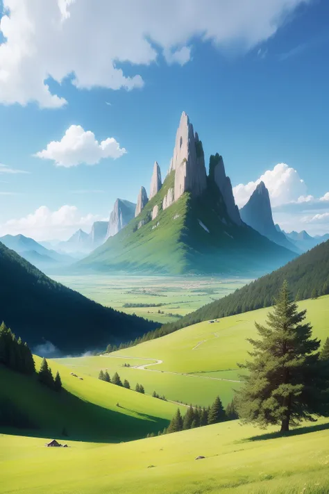 Vast grass fields, blue sky, cloudy, high mountains, Ghibli style, animation