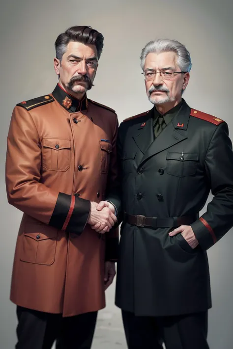 tmasterpiece，super high image quality，Two middle-aged people，Soviet leaders Stalin and Trotsky，Wearing the same military coat，（（The two shook hands）），Side shooting，The two were photographed shaking hands in a friendly way