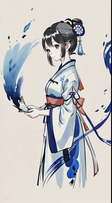 1 Blue and white porcelain girl，， Ink sketch， Hanfu，（abstract ink splash：1.2）， white backgrounid，Traditional Chinese Ink Painting, Traditional Chinese art, author：Guo Xi, author：Ma Yuanyu, Traditional Chinese painting, author：Xu Xi, author：Luo Mu, author：Y...