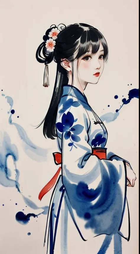 1 Blue and white porcelain girl，， Ink sketch， Hanfu，（abstract ink splash：1.2）， white backgrounid，Traditional Chinese Ink Painting, Traditional Chinese art, author：Guo Xi, author：Ma Yuanyu, Traditional Chinese painting, author：Xu Xi, author：Luo Mu, author：Y...