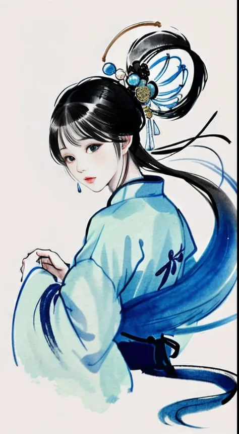 Mono Color， Ink sketch， 1girll，Blue and white porcelain，long whitr hair， Floating hair， Hanfu， Chinese clothes， longer sleeves， （abstract ink splash：1.2）， white backgrounid，Traditional Chinese Ink Painting, Traditional Chinese art, author：Guo Xi, author：Ma...