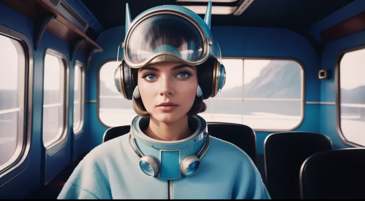 4k portrait of a 1960s sci-fi by Karel Zeman, vogue 1960s, pastel colors, male with a fish mask wearing weird retro futuristic clothes and a female wearing glass helmet and techno ornaments in the bus, natural light, psychedelia, weird futuristic, photorea...