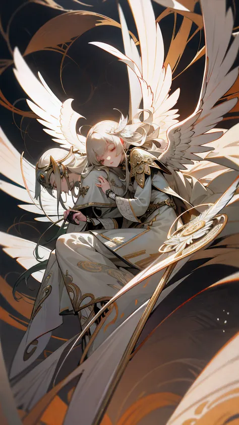 1girl in, 独奏, offcial art, unity 8k wall paper, ultra - detailed, prettify、Aesthetic, tmasterpiece, top-quality, Photorealsitic, A female angel、one white winged、Silver armor、Helmet with feather decoration、Long steel spear、Glowing angel circle、Light magic、d...