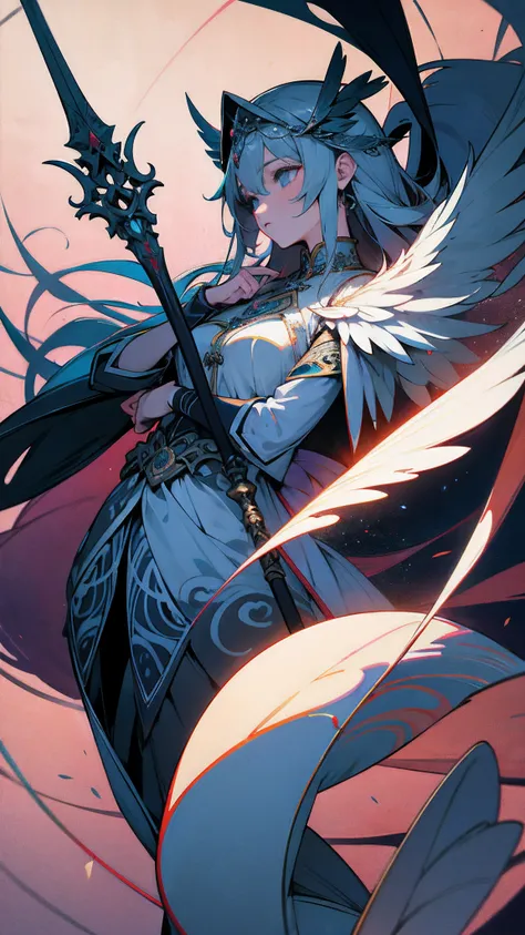 1girl in, 独奏, offcial art, unity 8k wall paper, ultra - detailed, prettify、Aesthetic, tmasterpiece, top-quality, Photorealsitic, A female angel、one white winged、Silver armor、Helmet with feather decoration、Long steel spear、Glowing angel circle、Light magic、d...