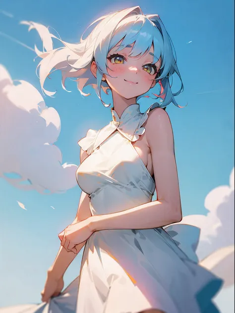 ((4K, ​master piece, Best Quality)), 1girl in, Light Blue Center Part Medium Hair, Pony tail, pale yellow eyes, medium breasts⁩, beutiful breast, Pure white dress, Smile, blush, Cute, ridge, Sunny noon, ,