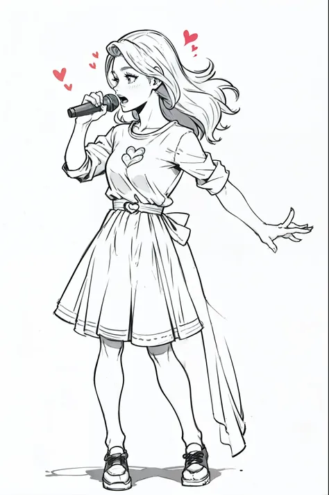 Sketch of a woman , jovem 20 anos , roupa casual , Singing with all your heart , imagem com fundo branco, line-art digital