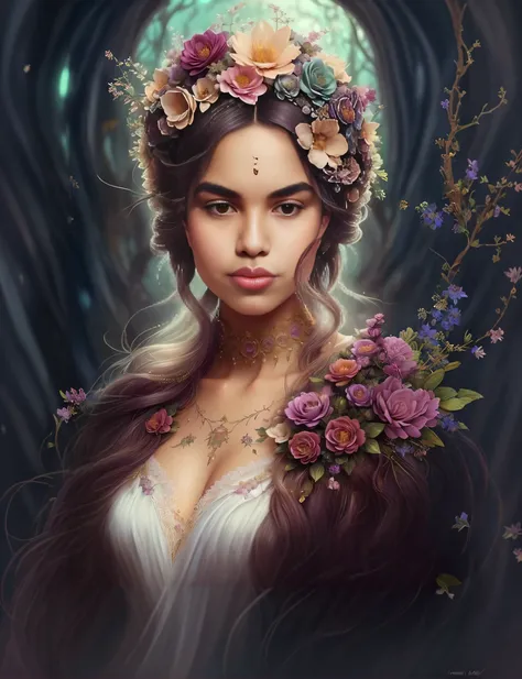 uma mulher com flores no cabelo e um vestido branco, retrato bonito da arte da fantasia, retrato bonito da fantasia, retrato da arte da fantasia, arte do retrato da fantasia, retrato de fantasia fosco detalhado, retrato da fantasia, retrato de fantasia dig...