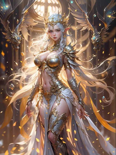 Elven Woman in a golden transparent dress,view the viewer,(((Huge breasts, Large cleavage))),Slim waist,(navel baring,Bare waist), Long hair, Ultra-detailed details,High-end Zhenyi station, Rainstorm site, detailed fantasy art, Stunning character art, Beau...