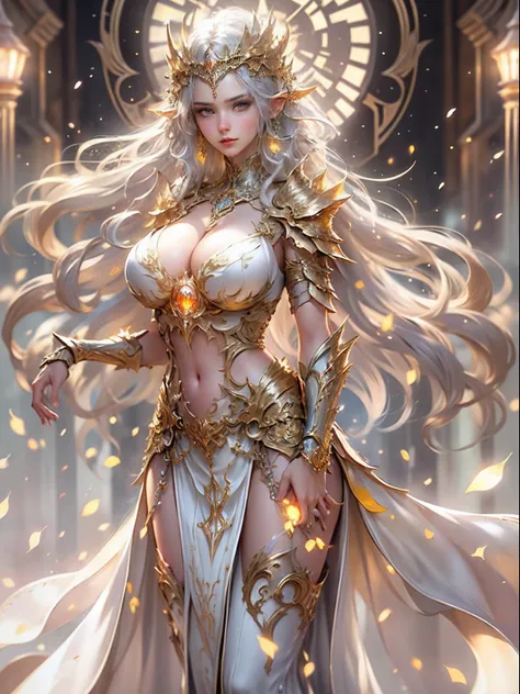 Elven Woman in a golden transparent dress,view the viewer,(((Huge breasts, Large cleavage))),Slim waist,(navel baring,Bare waist), Long hair, Ultra-detailed details,High-end Zhenyi station, Rainstorm site, detailed fantasy art, Stunning character art, Beau...