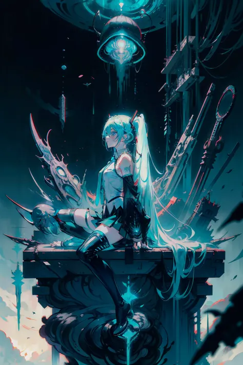 masterpiece, intricate detail,best quality, chromatic aberration, 1girl, solo, skirt, (hatsune miku:1.1), long hair, thighhighs, twintails, detached sleeves, necktie, thigh boots, shirt, boots, black skirt, kneeling, sleeveless, headset, aqua eyes, pleated...