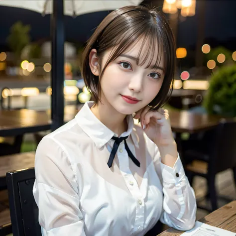 (8k, top quality, masterpiece: 1.2), (realistic, photorealistic: 1.37), super detailed, girl alone, erotic, female genitalia, big breasts, cute, alone, beautiful detailed sky, detailed café, night, sitting, date, (blush), (smile: 1.15),(closed)small,beauti...