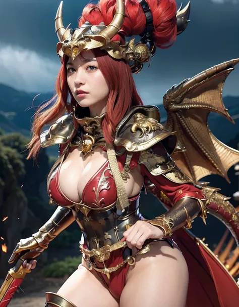 Professional , ​masterpiece、top-quality、photos realistic , depth of fields 、（Dragon Red Metal Body:1.９),(Enamel Red、（cleavage of the breast）、Dragon Gold Weapon、（Red Micro Bikini Armor:1.４),Gorgeous gold weapons ,（（ Dragons dense and gorgeous sword）） , （dem...