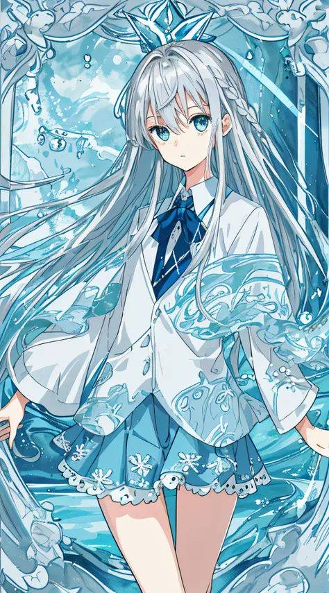 tmasterpiece，Need，illustration，Ocean blue，The shirt，aquamarine，1girll，Girl with long silver hair，silber hair，（Dinamic Light：1.2），cinematric light，Delicate facial features，A detailed eye，Sharp pupils，realistic pupil，sharp fokus，water flowing，Ocean features