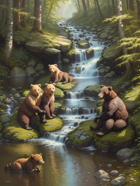 painting of three bears in a forest by a stream, afternoon hangout, by Walt Reed, by Robert Bain, bears, highly detailed 4 k painting, highly detailed oil painting, darrell k sweet, painting ivan shishkin, by Don Reichert, by Stan Stokes, by David Small, d...