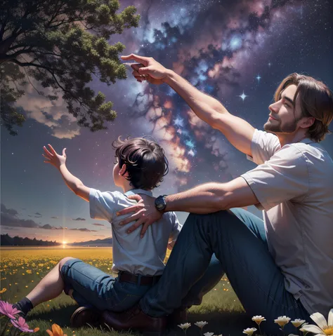 Father and son sitting on the ground watching the starry sky in the midst of the ezuberante nature, Father Points to Heaven, Theyre smiling and talking, many trees and flowers, ultrarrealista |, Arte Digital, 8k