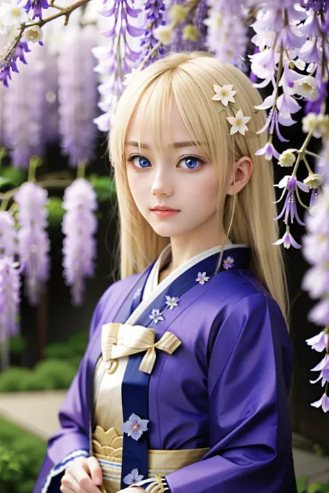 Blonde hair and blue-eyed loli looking at Japanese wisteria flowers dressed in European aristocratic clothing