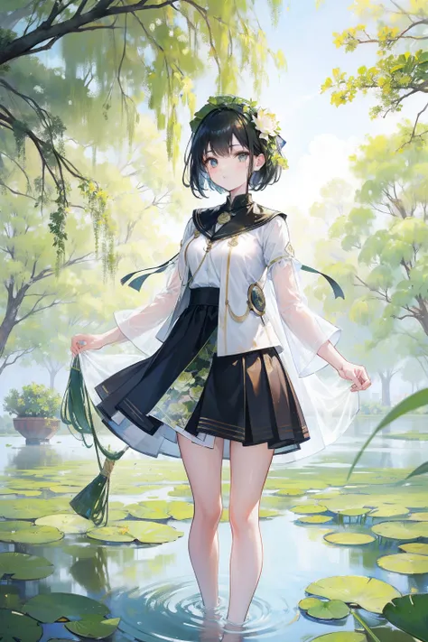 Lotus pond background, lotus leaves, lotus flowers, next to a willow tree, willow branches soaked into the lake, uniformed girl standing under the tree