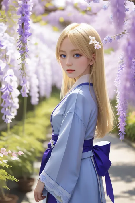 The blonde haired and blue-eyed loli looked at the Japanese wisteria flower dressed in a European aristocratic costume