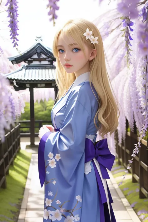 The blonde haired and blue-eyed loli looked at the Japanese wisteria flower dressed in a European aristocratic costume