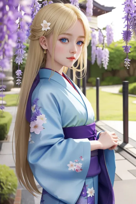 The blonde, blue-eyed loli looked at the wisteria in a gorgeous kimono