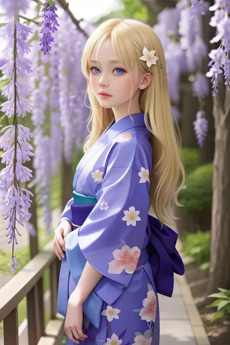 The blonde, blue-eyed loli looked at the wisteria in a gorgeous kimono