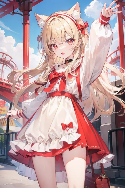 1girl，bit girl，Petite，Long beige hair，red color eyes，Cat ear headband，Casual dress，An amusement park