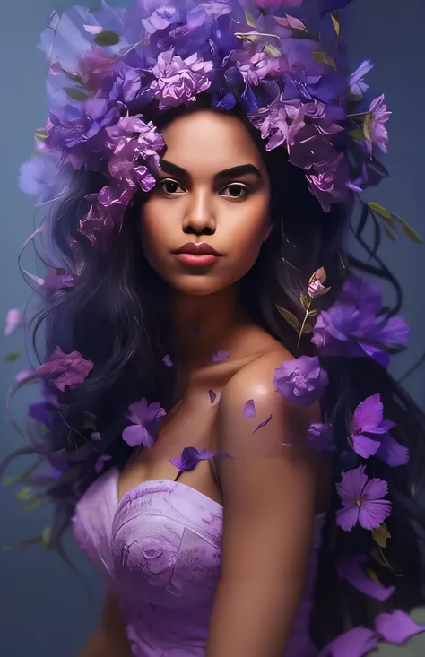 uma mulher com flores roxas no cabelo e um vestido roxo, deusa flor, beautiful portrait, imagem retrato bonita, Retrato da tempestade da flor, her face is a mauve flower, rainha da flor, foto retrato bonito, retrato bonito da fantasia, retrato impressionan...