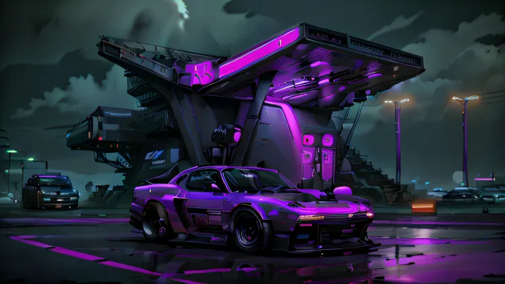 purple neon gas station with a car parked in front, neon fog, foggy neon night, misty neon lights, artem demura beeple, synthwave neon retrofuturism, in style of beeple, neon lit, mechanical features and neon, beeple. octane render, synthwave aesthetic, da...