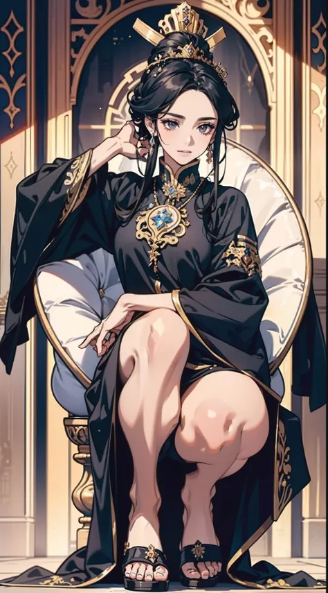 Gentle and lovely queen，（（（Black Ming Uniform 1.2））），Her long black hair was coiled behind her head，Gorgeous hairpins，sandals，（（（Detailed facial features1.2））），（（（smile1.2））），（（（Twelve crowns））），（（（Detailed facial features 1.2））），（（（Squat with your legs ap...