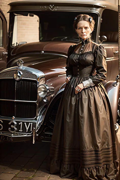 Bertha Benz, Looking in a camera, standing, wearing a long dress, staning next to a mercedes 35ps, perfect shadows, detailed skin, perfect light, inspired by Bertha Benz