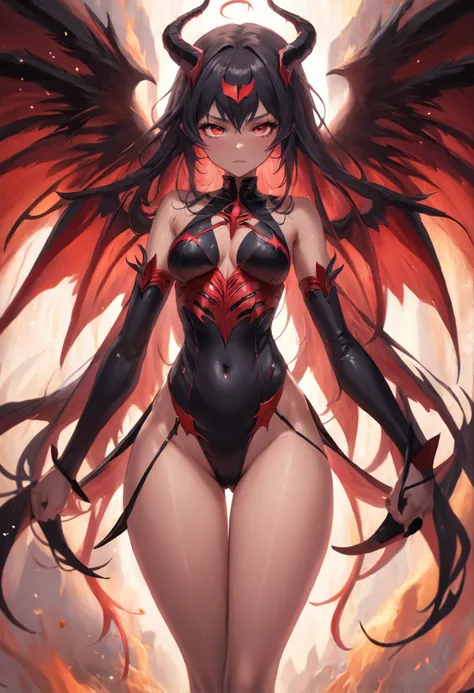 Crie uma succubus. Ela deve ter pele vermelha, symmetrical face, chifres retorcidos, olhos completamente negros, cabelos longos e negros. Seu corpo deve ter seios grandes, cintura fina, quadris largos e coxas grossas. She must possess a pair of demonic win...