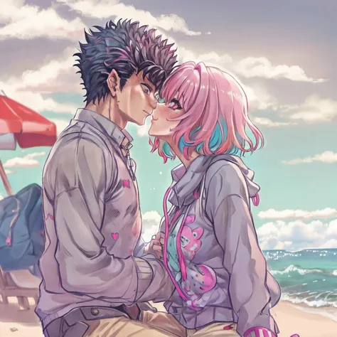 YumemiRiamu, 1girl, yumemi_riamu, naked_shirt,vest_print:,guts from berserk, guts and riamu being a lovey dovey couple very affective in a beach, guts with pants and pullover, love , happy, kiss french kiss