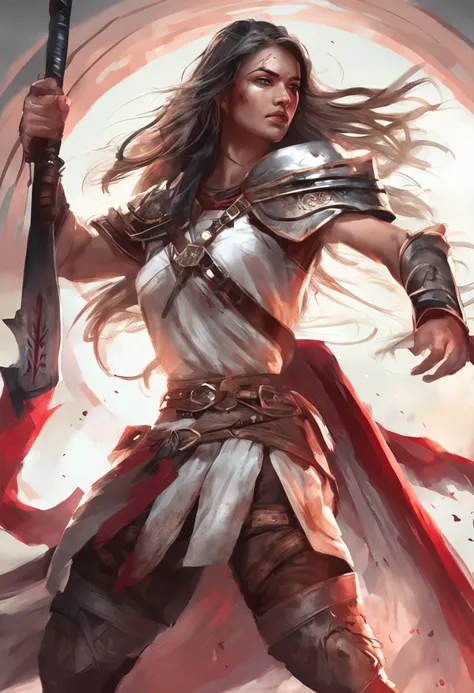 ancient wind，Long flowing hair，A female warrior in white and dyed blood，Carry a long sword，Eyebrows are clear，There is a murderous aura in the eyebrows，Posture，Headbands，Loose hair，realisticlying，paleskin，heroic look，Dynamic Angle, reflective light, Ray tr...