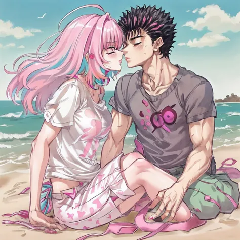 YumemiRiamu, 1girl, yumemi_riamu, naked_shirt,vest_print:,guts from berserk, guts and riamu being a lovey dovey couple very affective in a beach, guts with pants and pullover, love , happy, kiss french kiss