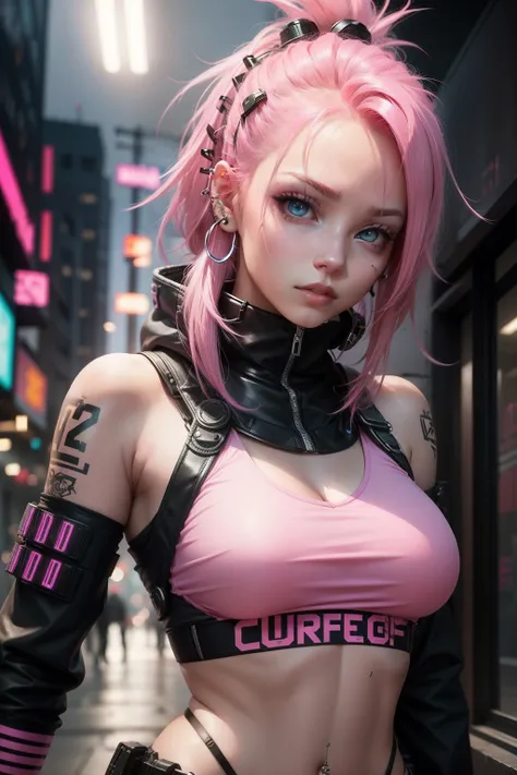 Live action girl with pink hair and piercings on light background　cyberpunked