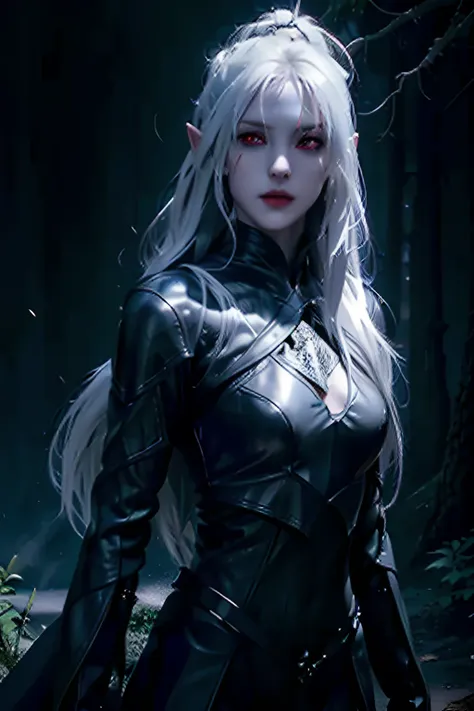 1girl, silver long hair, light red eyes, leather armor, rapier, dark forest, portrait, pointed ears