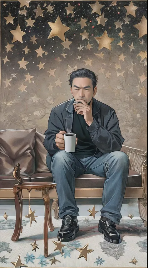 A middle-aged man sitting on a sofa, holding a cup of coffee with an irritated expression on his face, surrounded by an empty room with only a few decorations placed in the corners, ,in the style of the stars art group xing xing, 32k, best quality, masterp...