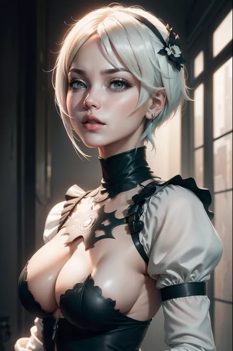 (8K,Photorealsitic　Raw photography　top-quality;1.4) 　(1girl in)　Super beauty　(Lifelike face)　Nier Automata 2b　wlop、(blindfolds)、breastsout、cleavage of the breast、Cleavage clippings、Clothes Cutout、Green background、hair between eye、shairband、Hi-Res、juliet sl...