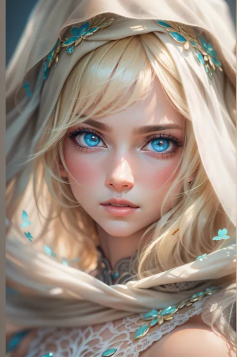 Blonde woman with blue eyes and veil on head、Soft portrait shots 8 k、Photorealistic beautiful face、8K portrait rendering、Realistic beautiful face、beautiful realistic face、photorealistic anime girl render、hyperrealistic beautiful face、8K realistic digital a...