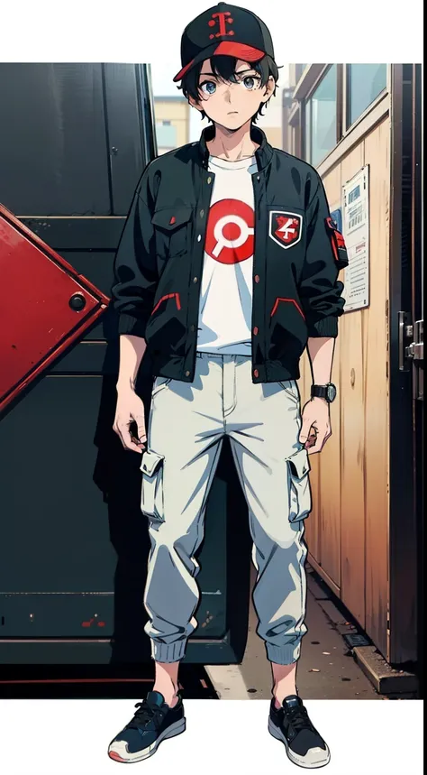 ((1garoto)) jovem, menino, masculino, cabelo marrom, cor marrom dos olhos, Short manga jacket with a red stripe in the middle horizontal and white manga shirt, gray cargo pants, portanto, o smartwatch, Black and white baseball cap with two red stripes, gra...