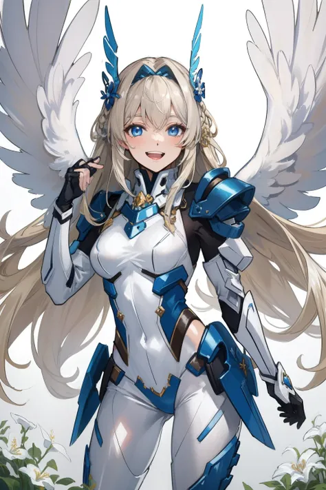 (​master piece, Best Quality),  Intricate details, valkyrie, kawaii, Happy, (((Laugh))), smirk, Hand up, Looking at Viewer, Feather Headgear, Flower meadow, 
1 girl in, Solo, Portrait, Tentacle Plutinum Blonde Hair, droopy steelblue eyes, Silver Single Thi...